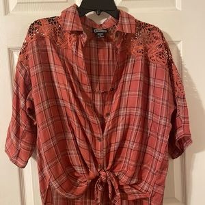 Pink plaid button down from limelush  with lace shoulder accents